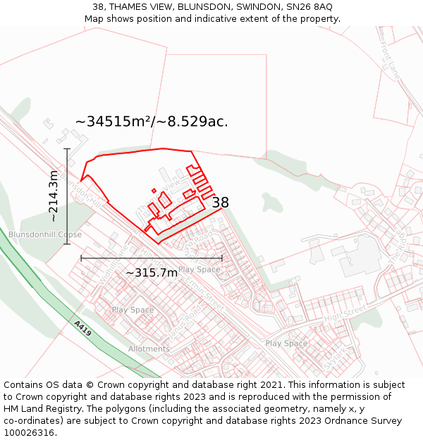 38, THAMES VIEW, BLUNSDON, SWINDON, SN26 8AQ: Plot and title map
