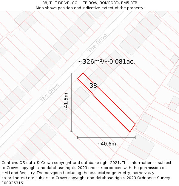 38, THE DRIVE, COLLIER ROW, ROMFORD, RM5 3TR: Plot and title map