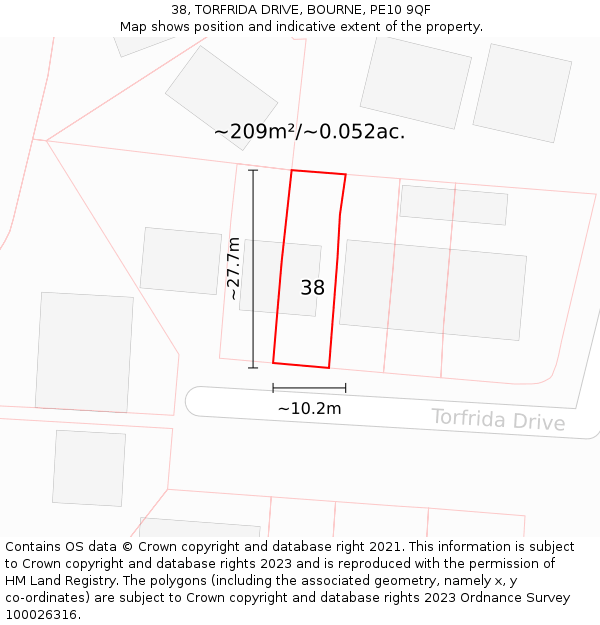 38, TORFRIDA DRIVE, BOURNE, PE10 9QF: Plot and title map
