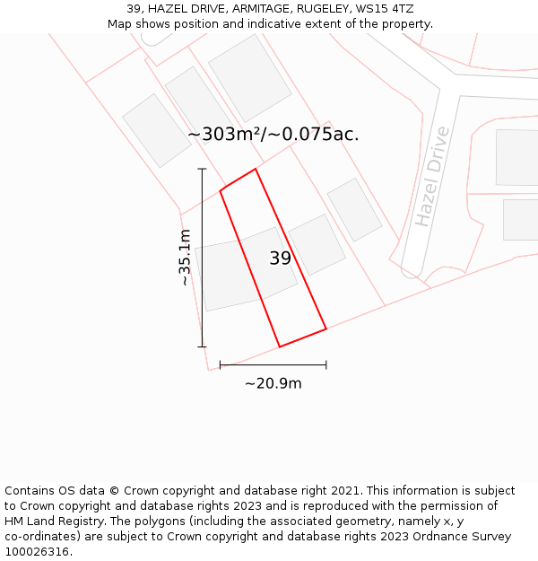 39, HAZEL DRIVE, ARMITAGE, RUGELEY, WS15 4TZ: Plot and title map
