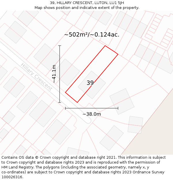39, HILLARY CRESCENT, LUTON, LU1 5JH: Plot and title map
