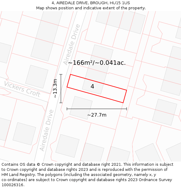 4, AIREDALE DRIVE, BROUGH, HU15 1US: Plot and title map