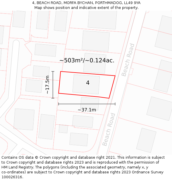 4, BEACH ROAD, MORFA BYCHAN, PORTHMADOG, LL49 9YA: Plot and title map