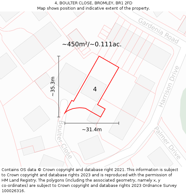 4, BOULTER CLOSE, BROMLEY, BR1 2FD: Plot and title map