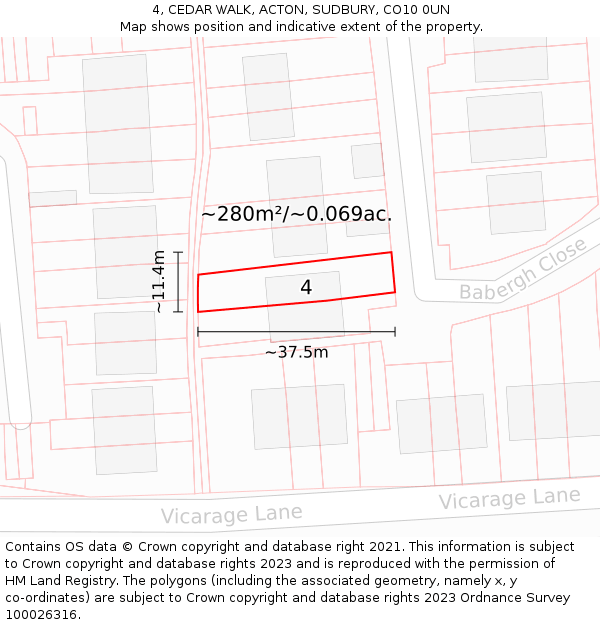 4, CEDAR WALK, ACTON, SUDBURY, CO10 0UN: Plot and title map