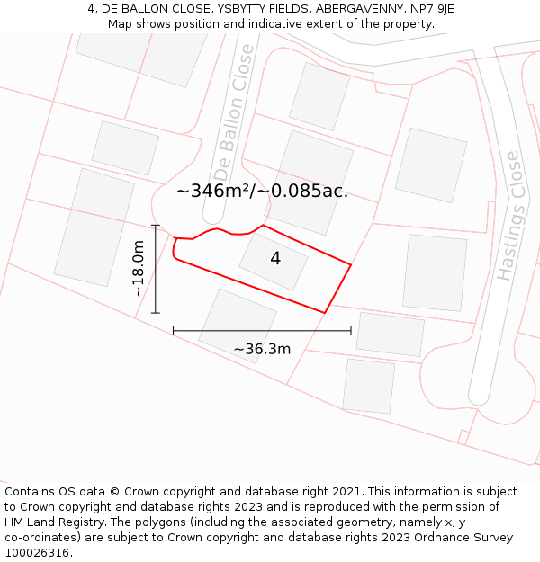 4, DE BALLON CLOSE, YSBYTTY FIELDS, ABERGAVENNY, NP7 9JE: Plot and title map