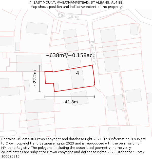 4, EAST MOUNT, WHEATHAMPSTEAD, ST ALBANS, AL4 8BJ: Plot and title map
