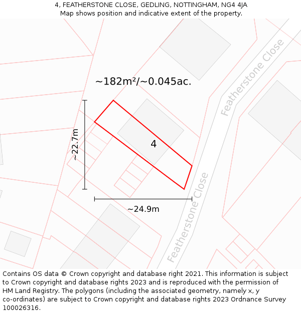 4, FEATHERSTONE CLOSE, GEDLING, NOTTINGHAM, NG4 4JA: Plot and title map