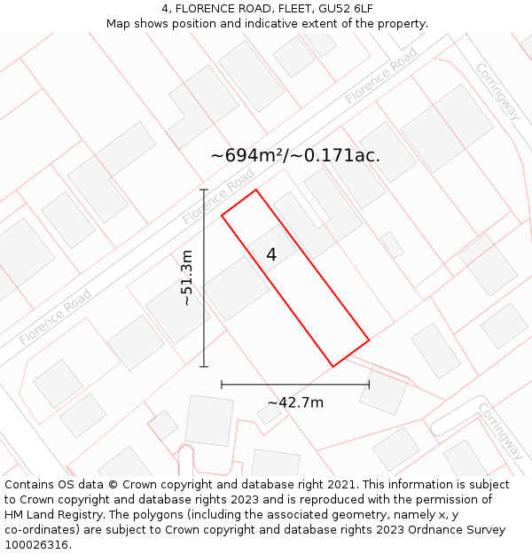 4, FLORENCE ROAD, FLEET, GU52 6LF: Plot and title map