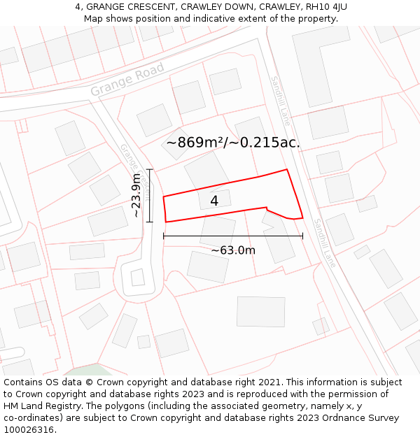 4, GRANGE CRESCENT, CRAWLEY DOWN, CRAWLEY, RH10 4JU: Plot and title map
