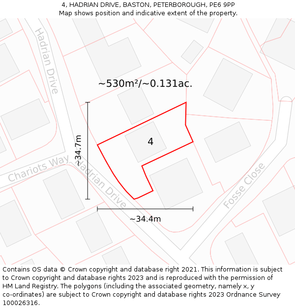 4, HADRIAN DRIVE, BASTON, PETERBOROUGH, PE6 9PP: Plot and title map