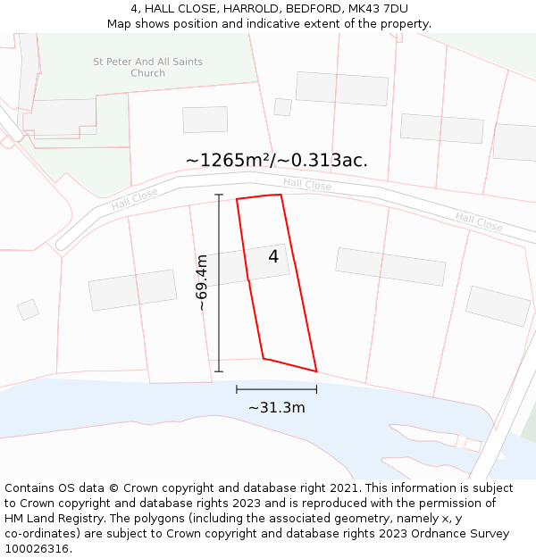 4, HALL CLOSE, HARROLD, BEDFORD, MK43 7DU: Plot and title map