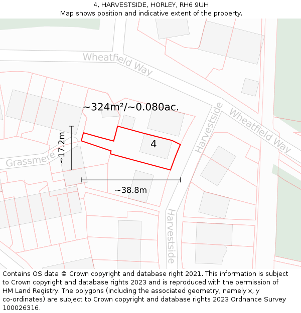4, HARVESTSIDE, HORLEY, RH6 9UH: Plot and title map