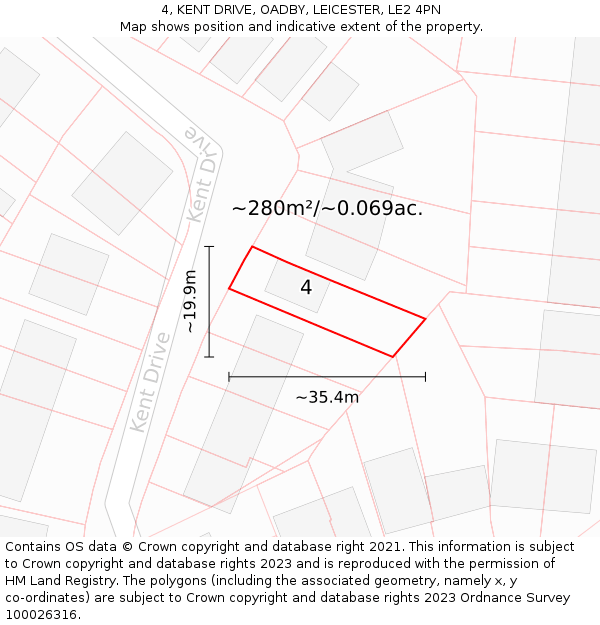 4, KENT DRIVE, OADBY, LEICESTER, LE2 4PN: Plot and title map