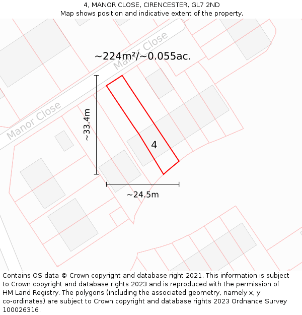 4, MANOR CLOSE, CIRENCESTER, GL7 2ND: Plot and title map