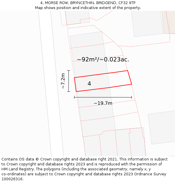 4, MORSE ROW, BRYNCETHIN, BRIDGEND, CF32 9TP: Plot and title map