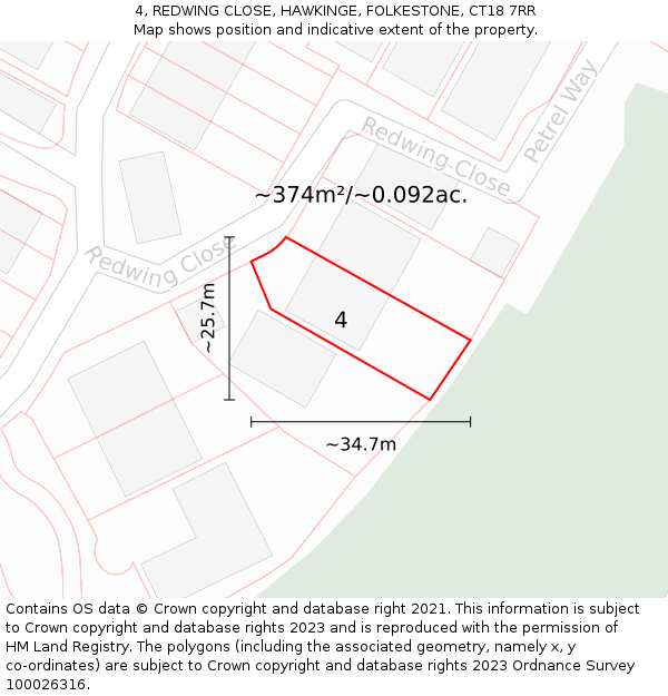 4, REDWING CLOSE, HAWKINGE, FOLKESTONE, CT18 7RR: Plot and title map