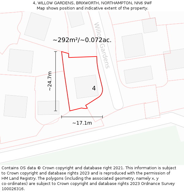 4, WILLOW GARDENS, BRIXWORTH, NORTHAMPTON, NN6 9WF: Plot and title map