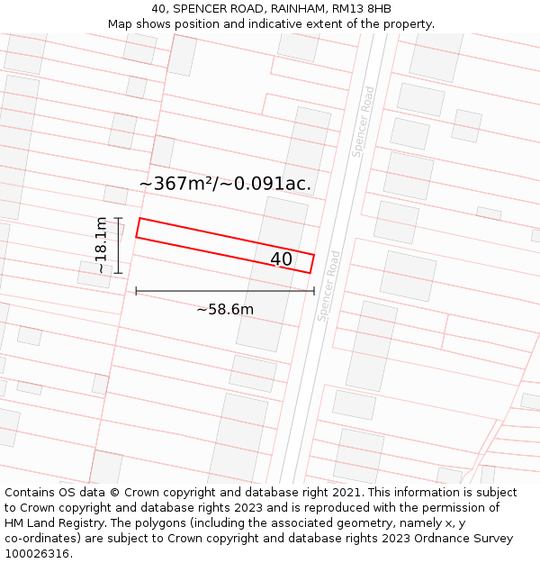 40, SPENCER ROAD, RAINHAM, RM13 8HB: Plot and title map