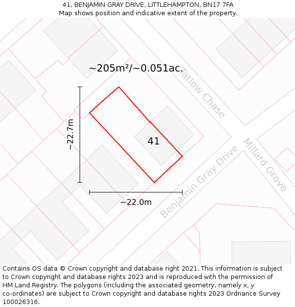 41, BENJAMIN GRAY DRIVE, LITTLEHAMPTON, BN17 7FA: Plot and title map