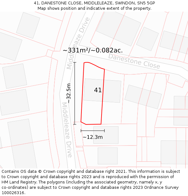 41, DANESTONE CLOSE, MIDDLELEAZE, SWINDON, SN5 5GP: Plot and title map