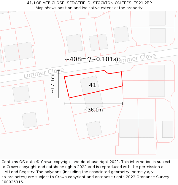 41, LORIMER CLOSE, SEDGEFIELD, STOCKTON-ON-TEES, TS21 2BP: Plot and title map