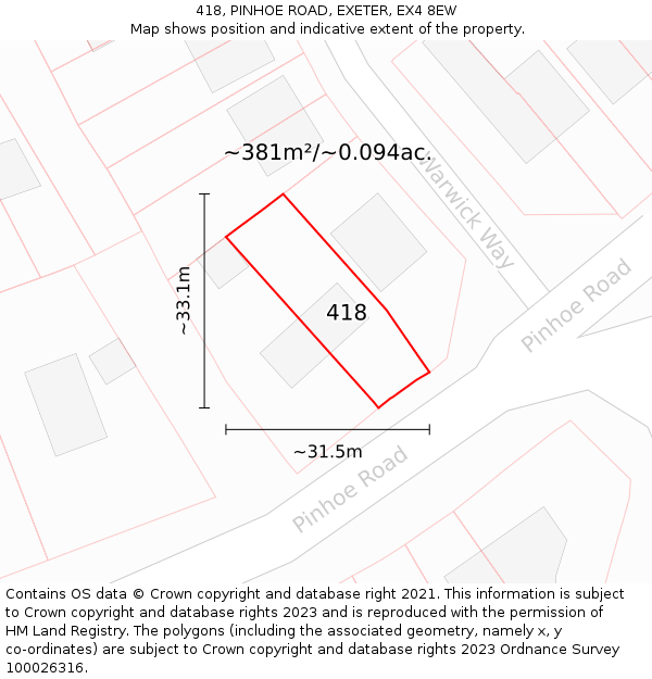 418, PINHOE ROAD, EXETER, EX4 8EW: Plot and title map