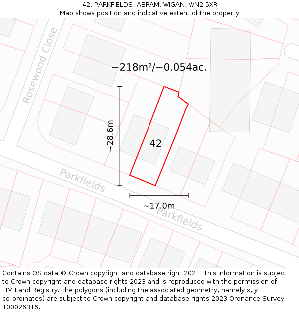 42, PARKFIELDS, ABRAM, WIGAN, WN2 5XR: Plot and title map