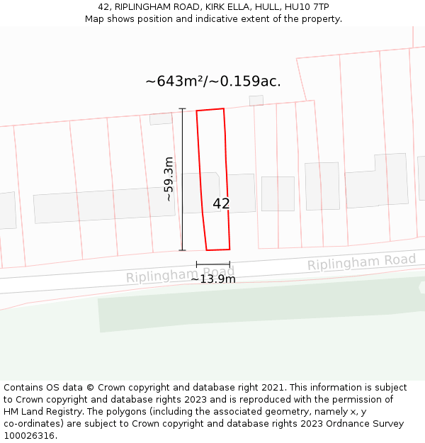 42, RIPLINGHAM ROAD, KIRK ELLA, HULL, HU10 7TP: Plot and title map