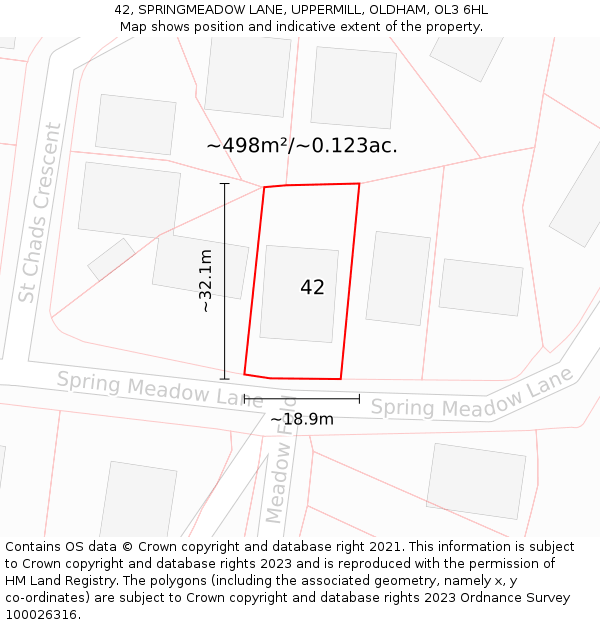 42, SPRINGMEADOW LANE, UPPERMILL, OLDHAM, OL3 6HL: Plot and title map