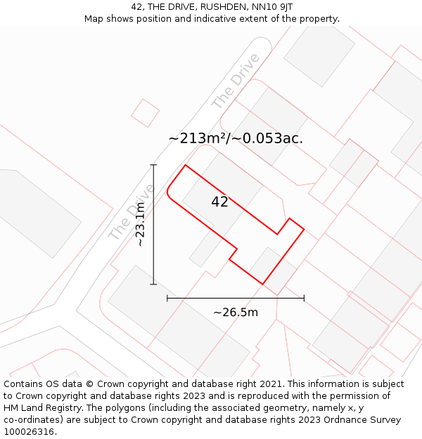 42, THE DRIVE, RUSHDEN, NN10 9JT: Plot and title map