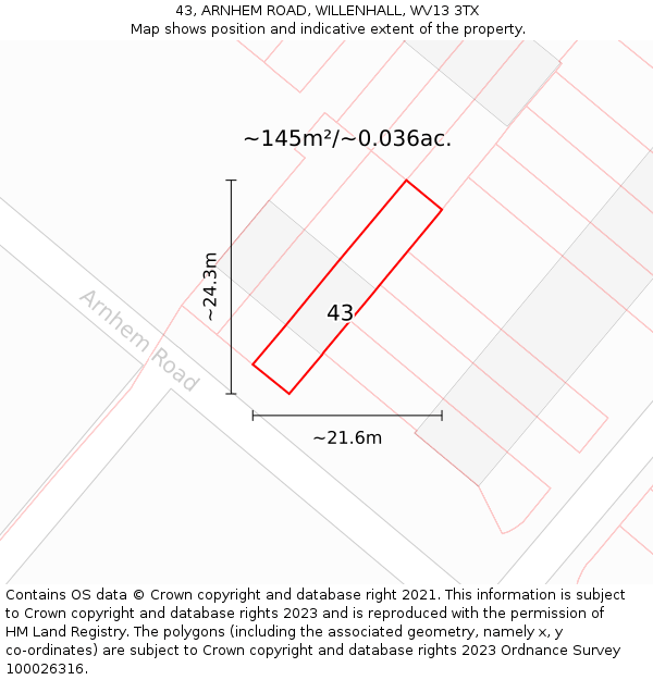 43, ARNHEM ROAD, WILLENHALL, WV13 3TX: Plot and title map
