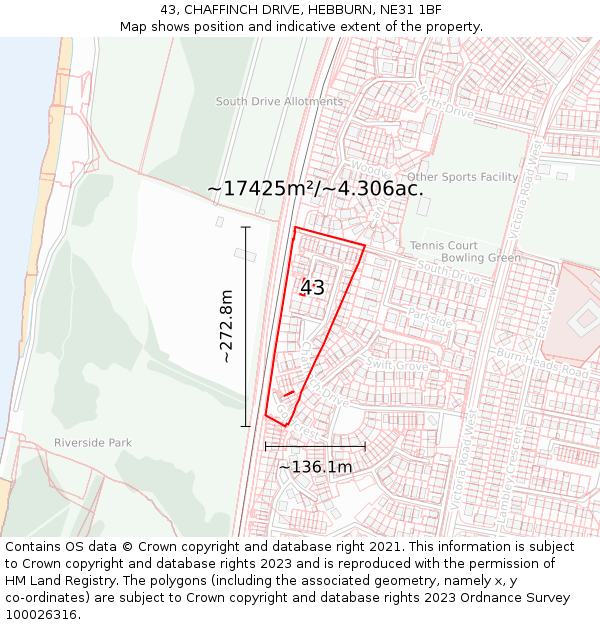 43, CHAFFINCH DRIVE, HEBBURN, NE31 1BF: Plot and title map