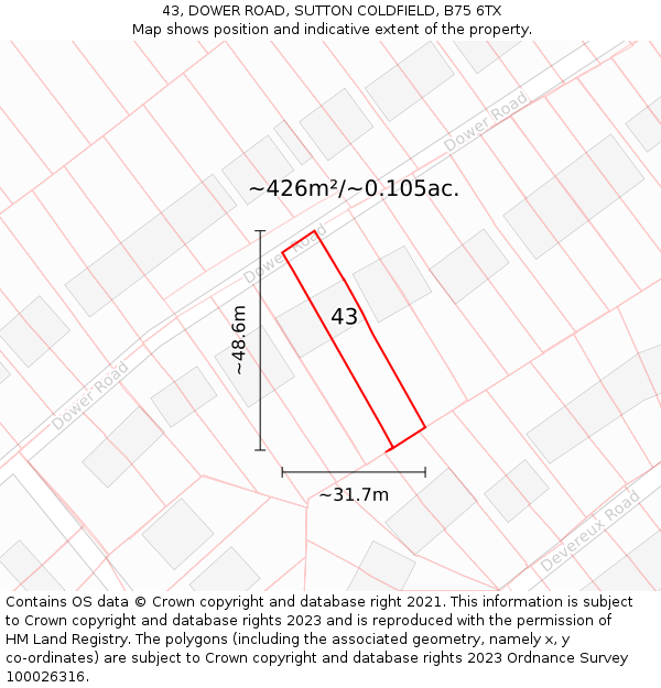 43, DOWER ROAD, SUTTON COLDFIELD, B75 6TX: Plot and title map