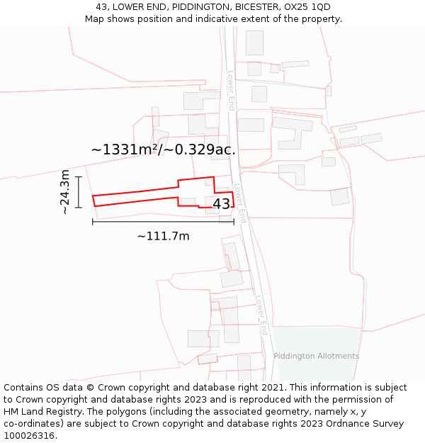 43, LOWER END, PIDDINGTON, BICESTER, OX25 1QD: Plot and title map