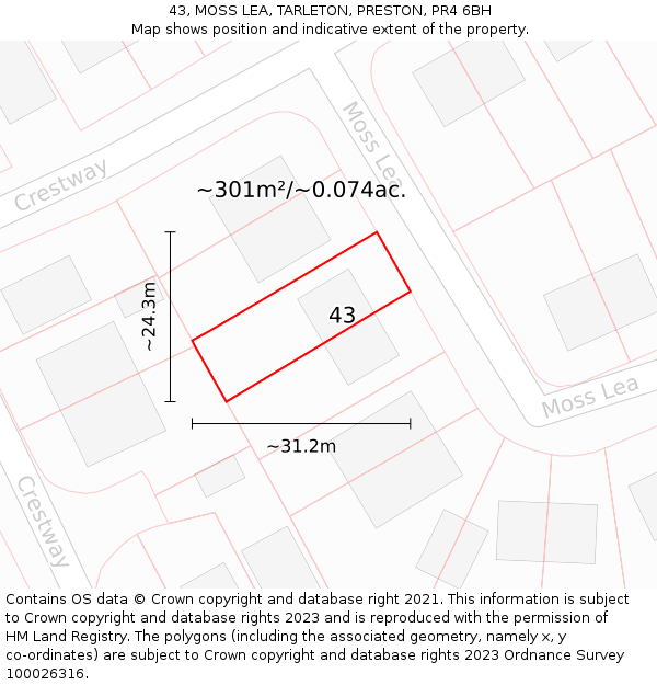 43, MOSS LEA, TARLETON, PRESTON, PR4 6BH: Plot and title map