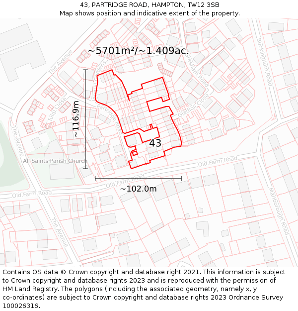 43, PARTRIDGE ROAD, HAMPTON, TW12 3SB: Plot and title map