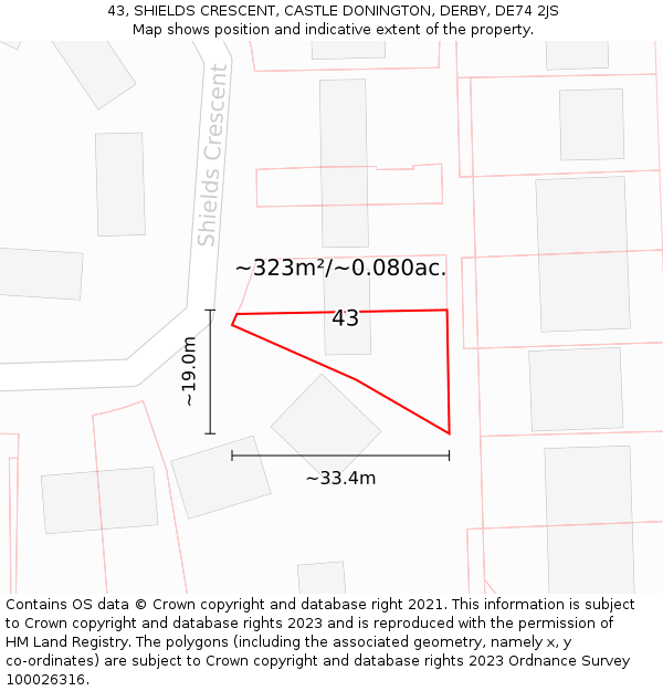 43, SHIELDS CRESCENT, CASTLE DONINGTON, DERBY, DE74 2JS: Plot and title map