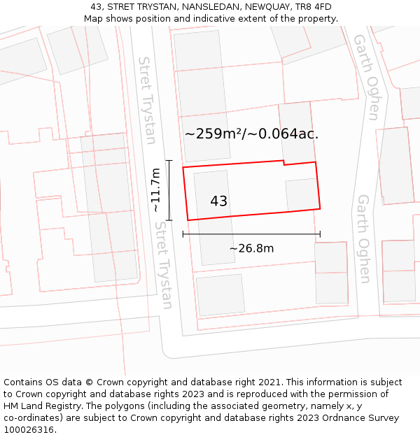 43, STRET TRYSTAN, NANSLEDAN, NEWQUAY, TR8 4FD: Plot and title map
