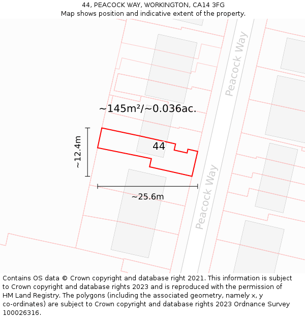 44, PEACOCK WAY, WORKINGTON, CA14 3FG: Plot and title map
