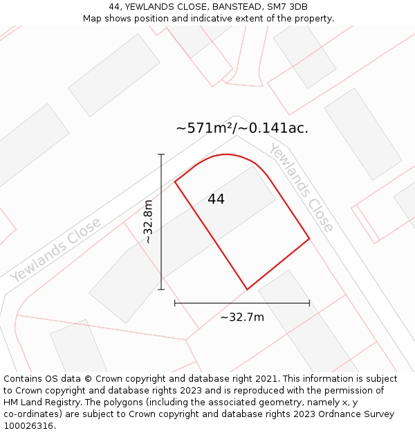 44, YEWLANDS CLOSE, BANSTEAD, SM7 3DB: Plot and title map