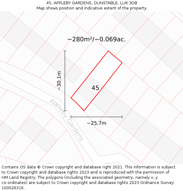 45, APPLEBY GARDENS, DUNSTABLE, LU6 3DB: Plot and title map