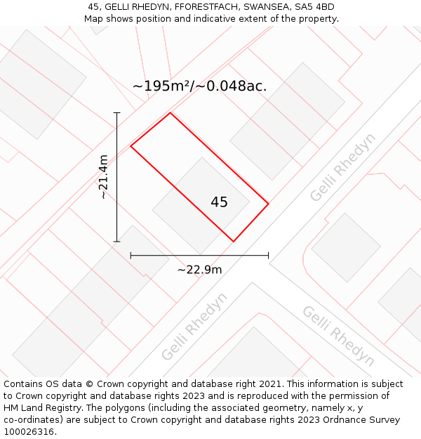 45, GELLI RHEDYN, FFORESTFACH, SWANSEA, SA5 4BD: Plot and title map