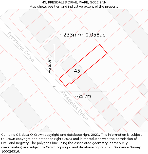 45, PRESDALES DRIVE, WARE, SG12 9NN: Plot and title map