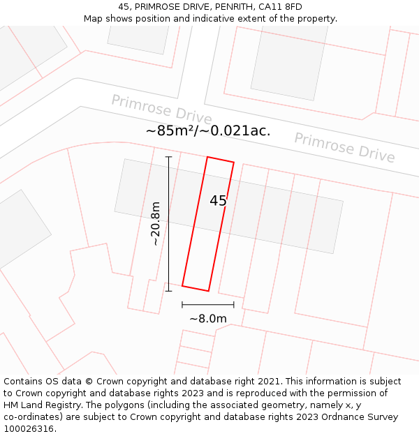 45, PRIMROSE DRIVE, PENRITH, CA11 8FD: Plot and title map