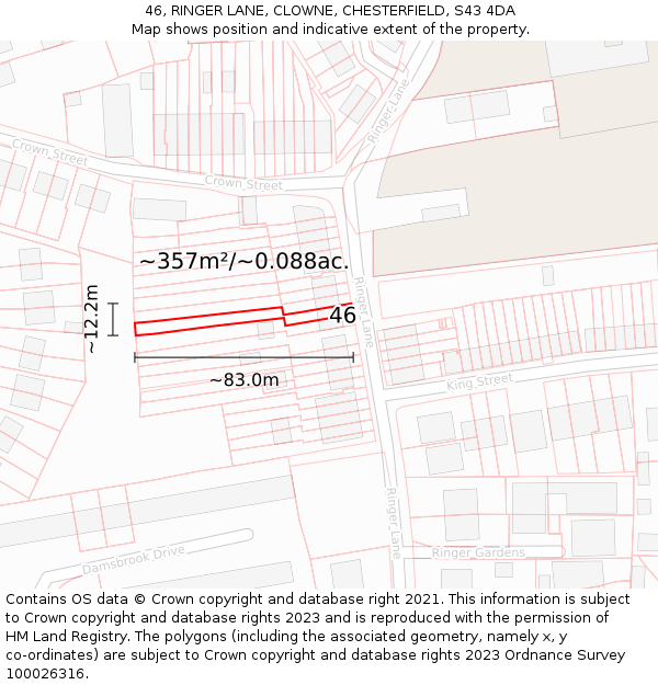 46, RINGER LANE, CLOWNE, CHESTERFIELD, S43 4DA: Plot and title map