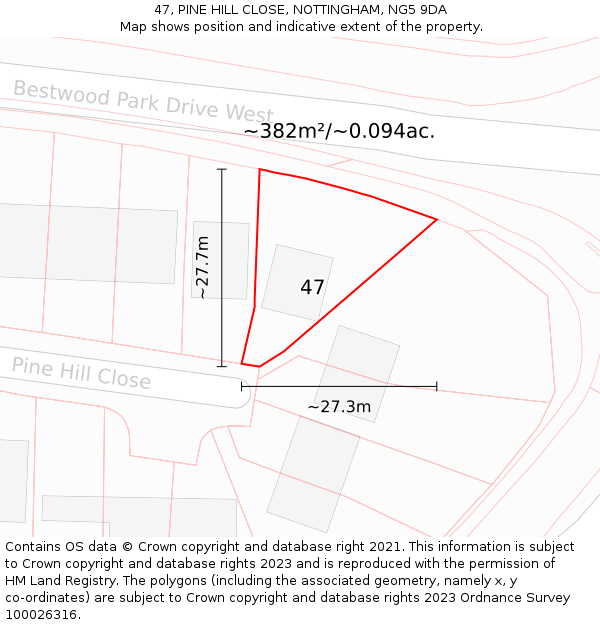 47, PINE HILL CLOSE, NOTTINGHAM, NG5 9DA: Plot and title map