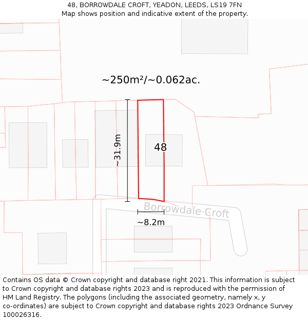 48, BORROWDALE CROFT, YEADON, LEEDS, LS19 7FN: Plot and title map