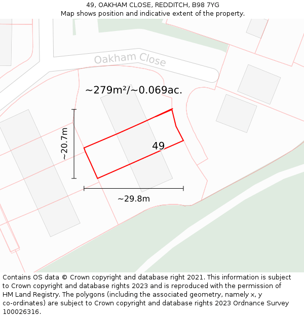 49, OAKHAM CLOSE, REDDITCH, B98 7YG: Plot and title map