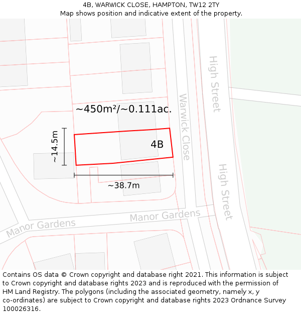 4B, WARWICK CLOSE, HAMPTON, TW12 2TY: Plot and title map